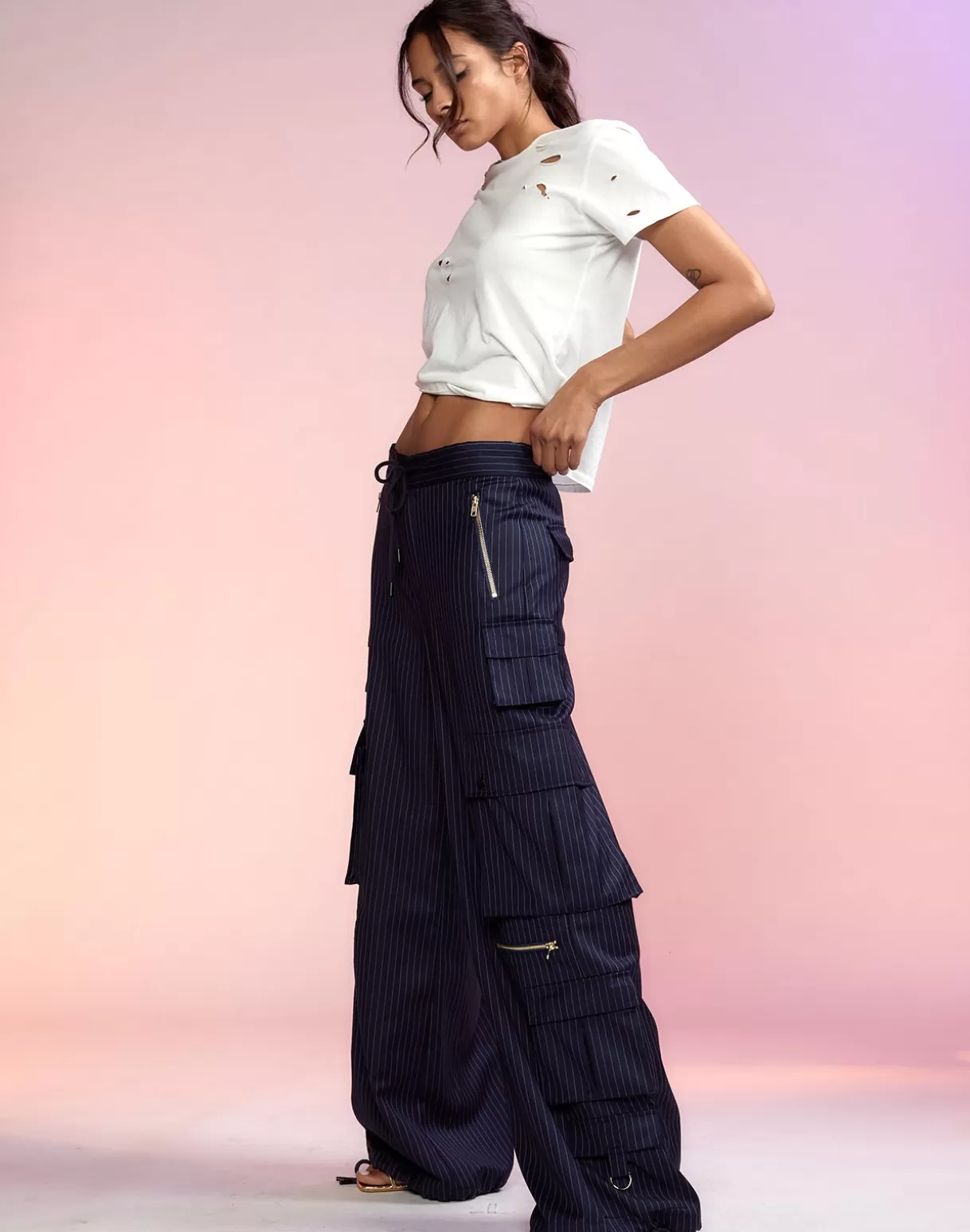 Bottoms-Cynthia Rowley Pinstripe Cargo Pants Navy