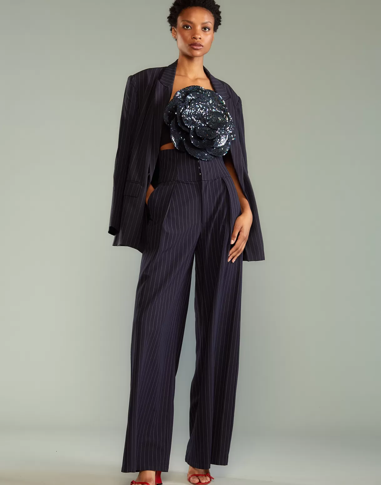Bottoms-Cynthia Rowley Pinstripe Corset Waist Pants Navy