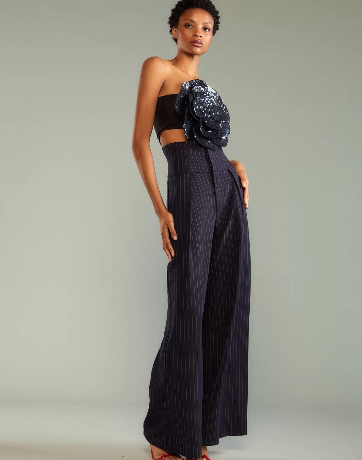 Bottoms-Cynthia Rowley Pinstripe Corset Waist Pants Navy