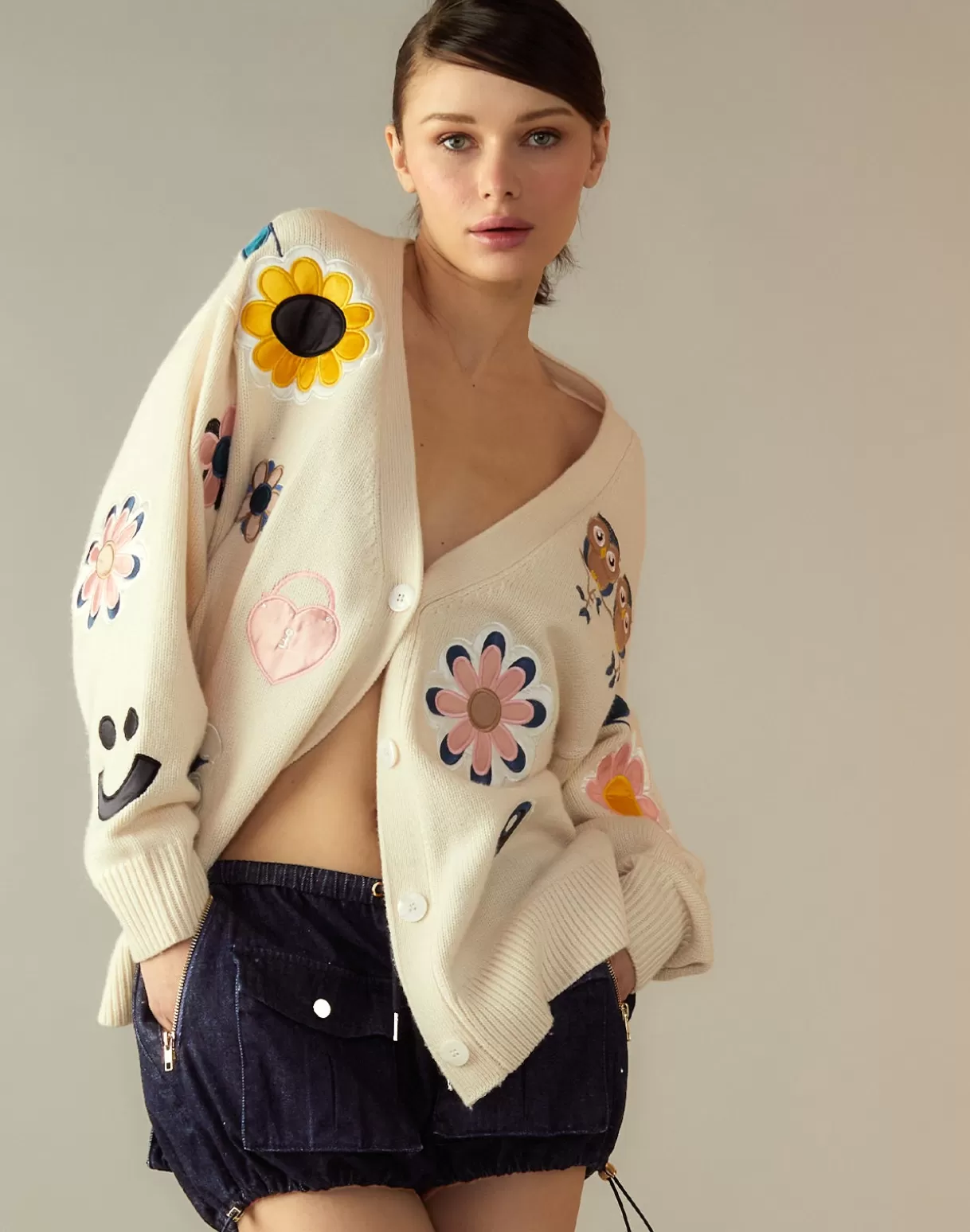 Tops-Cynthia Rowley Playful Patchwork Cardigan WHTML