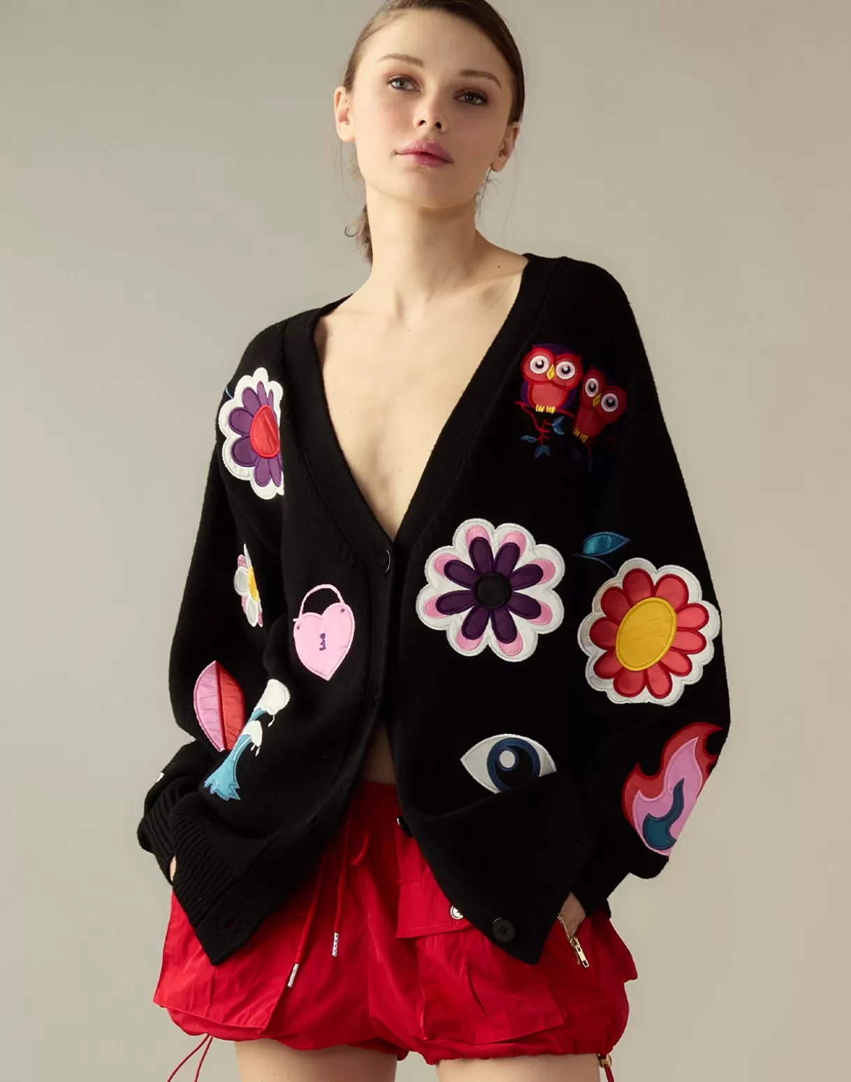 Tops-Cynthia Rowley Playful Patchwork Cardigan BLKMT