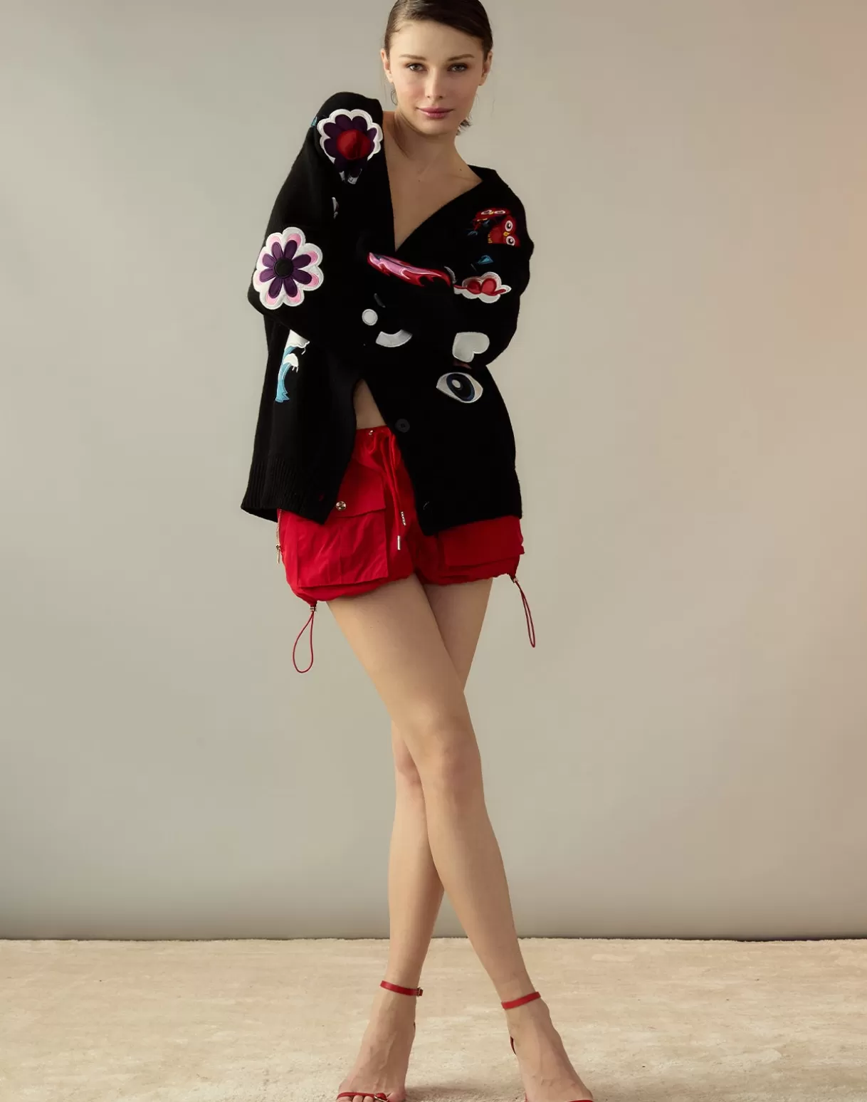 Tops-Cynthia Rowley Playful Patchwork Cardigan BLKMT
