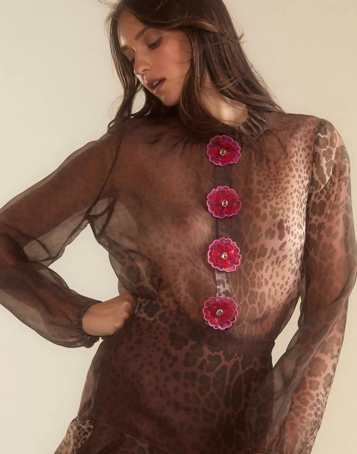 Tops-Cynthia Rowley Prim Silk Organza Blouse LEOPD
