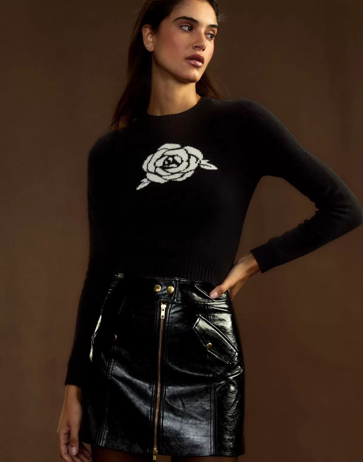 Tops-Cynthia Rowley Rosette Wool Cashmere Sweater BLACK