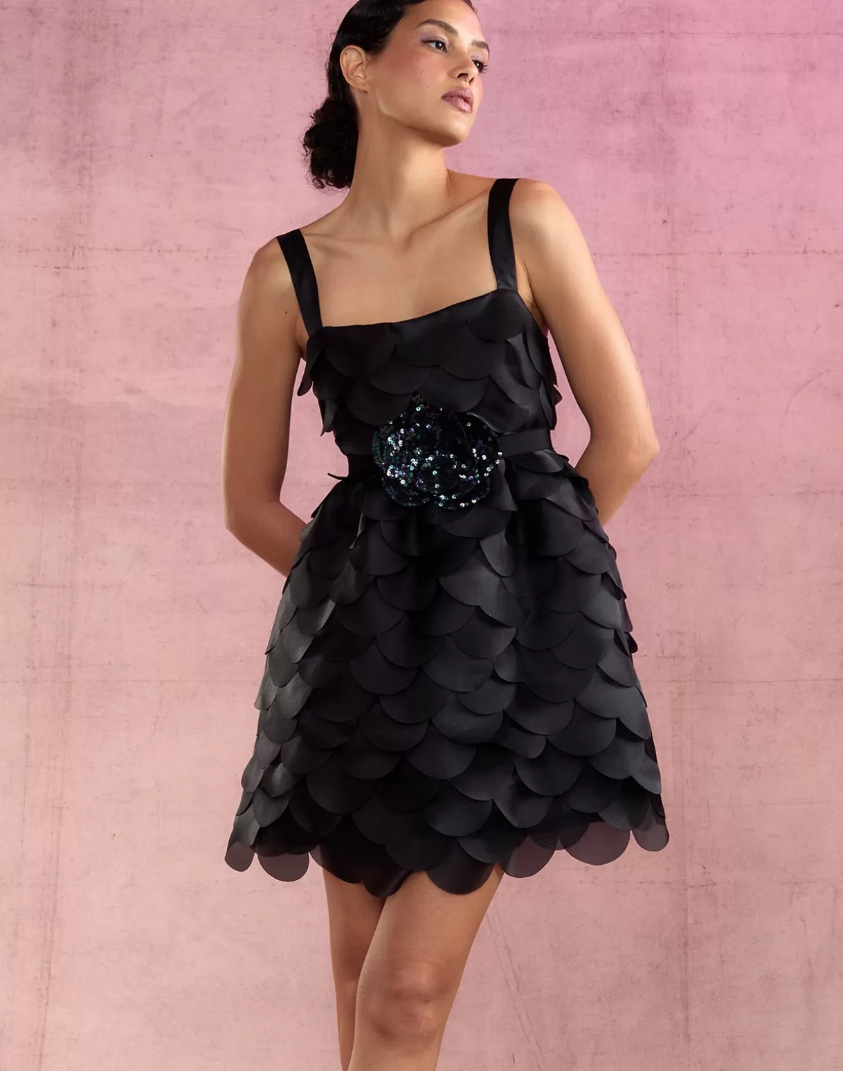Dresses-Cynthia Rowley Scalloped Petal Mini Dress BLACK