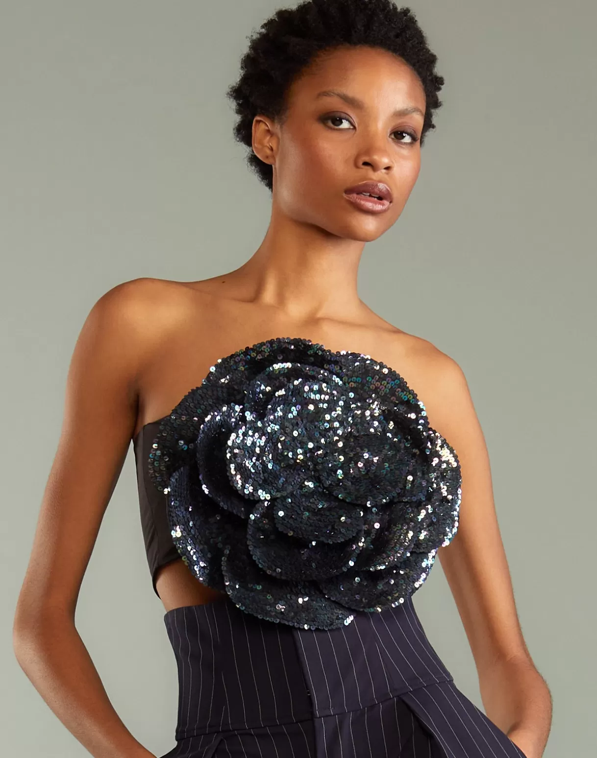 Tops-Cynthia Rowley Sequin Flower Bandeau DRKMT