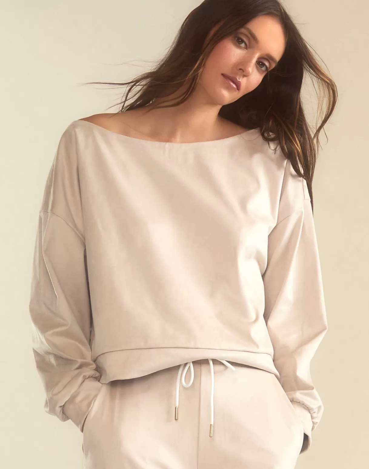 Tops-Cynthia Rowley Sleek Ultrasuede Pullover STONE