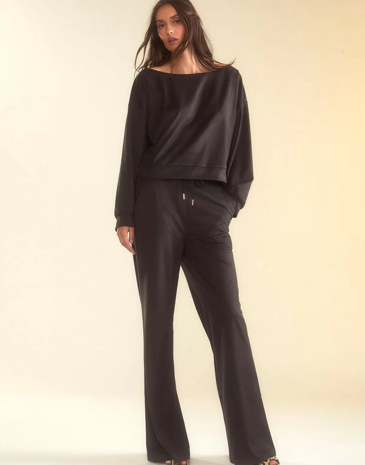 Tops-Cynthia Rowley Sleek Ultrasuede Pullover BLACK