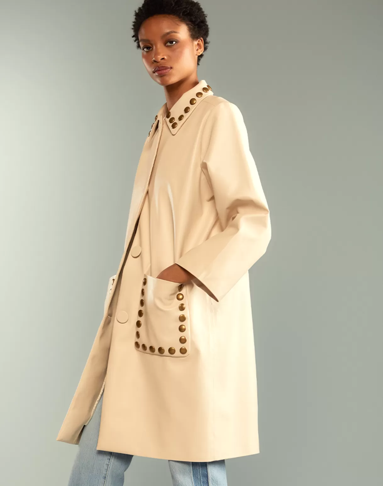 Jackets & Coats-Cynthia Rowley Studded Vegan Leather Coat CREAM