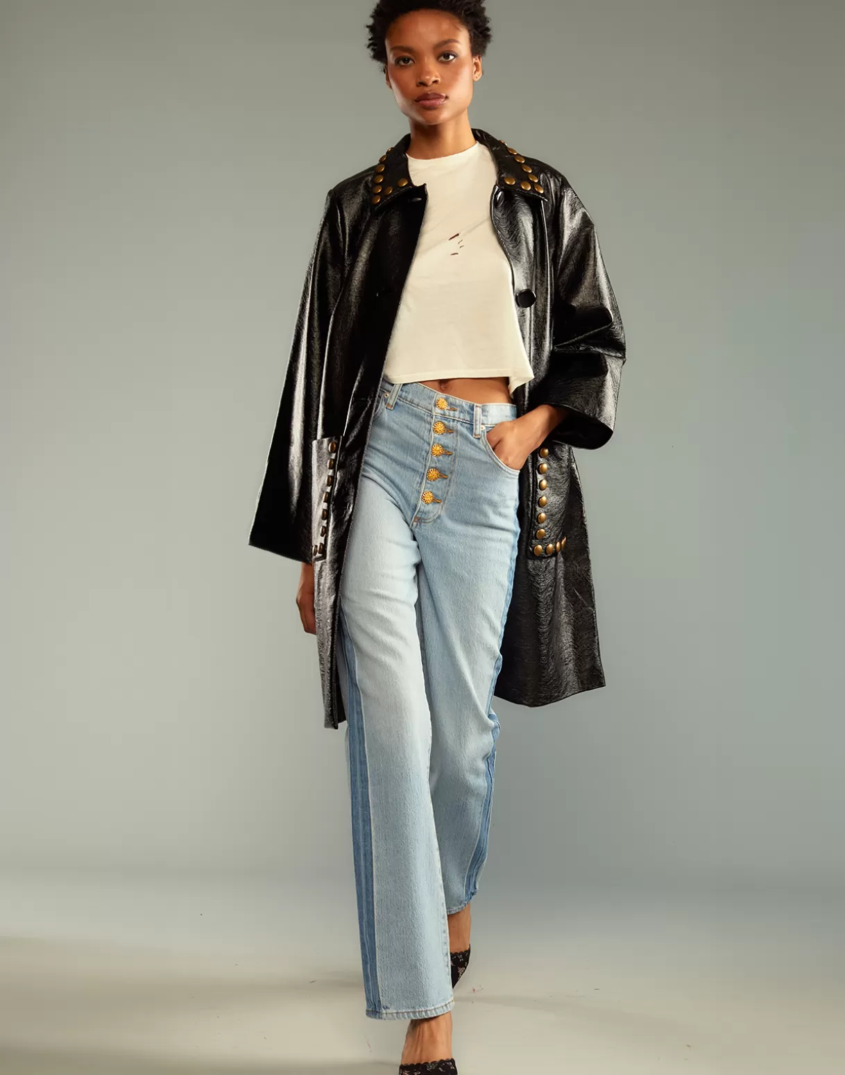 Jackets & Coats-Cynthia Rowley Studded Vegan Leather Coat PATBLK