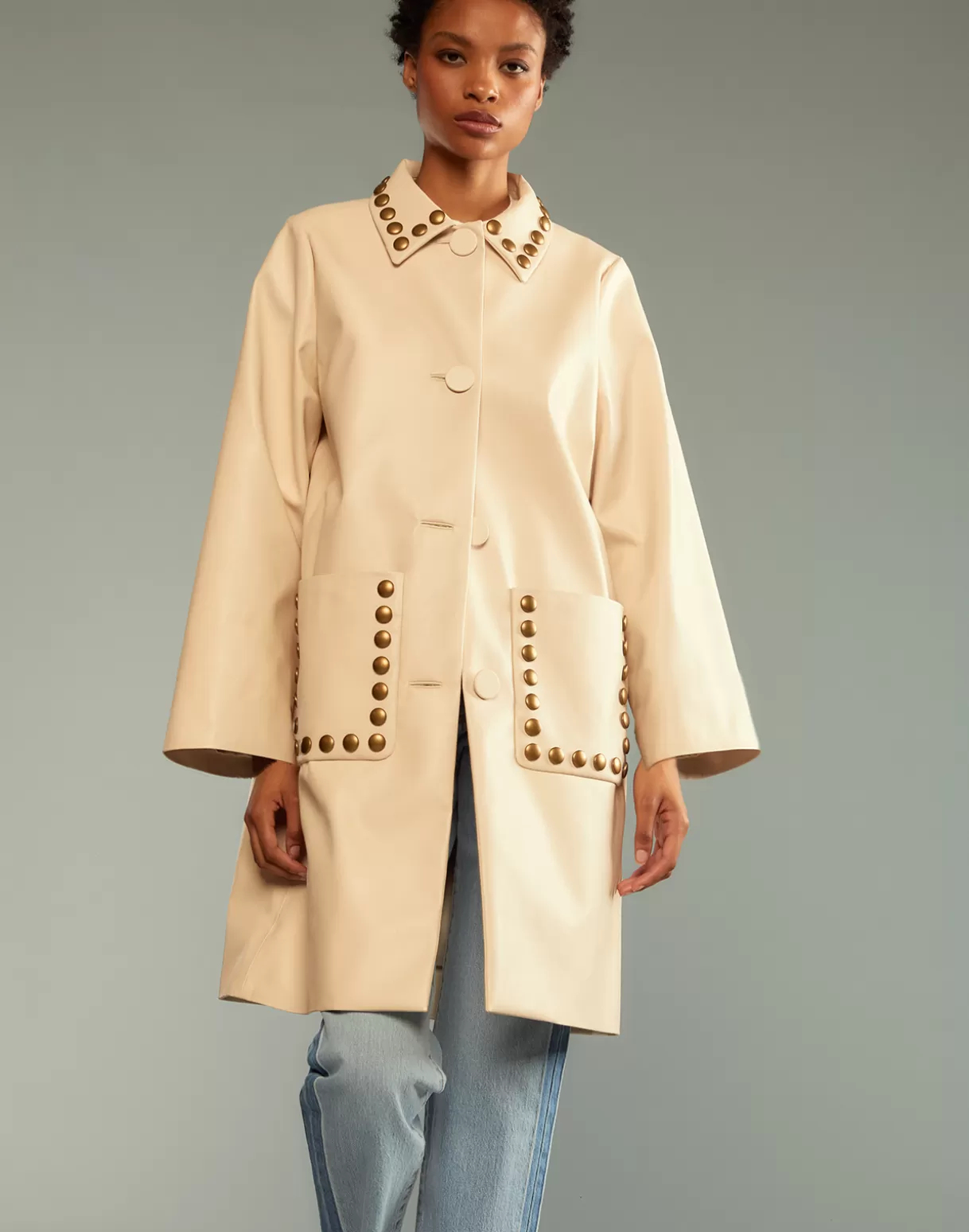Jackets & Coats-Cynthia Rowley Studded Vegan Leather Coat CREAM