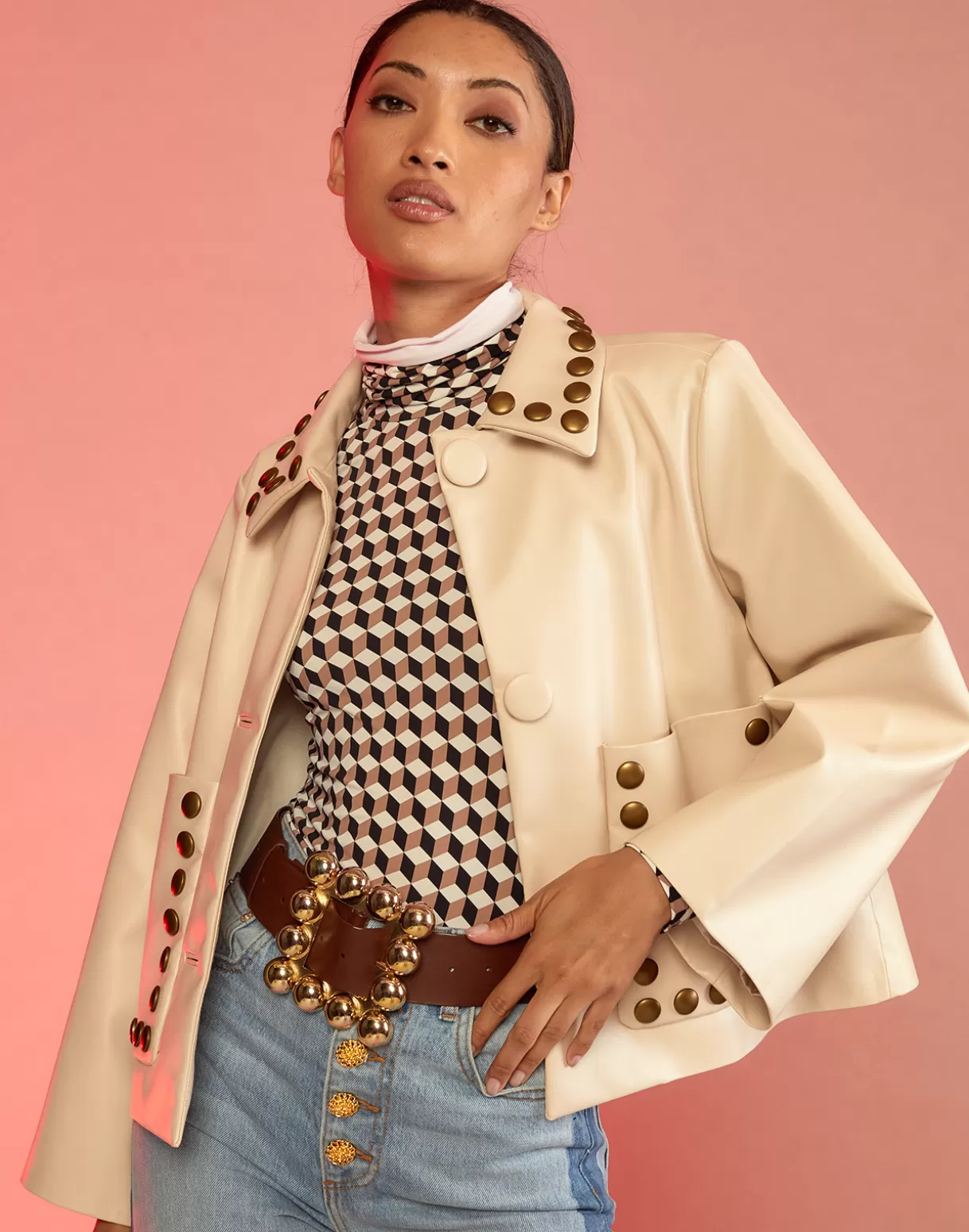 Jackets & Coats-Cynthia Rowley Studded Vegan Leather Jacket CREAM