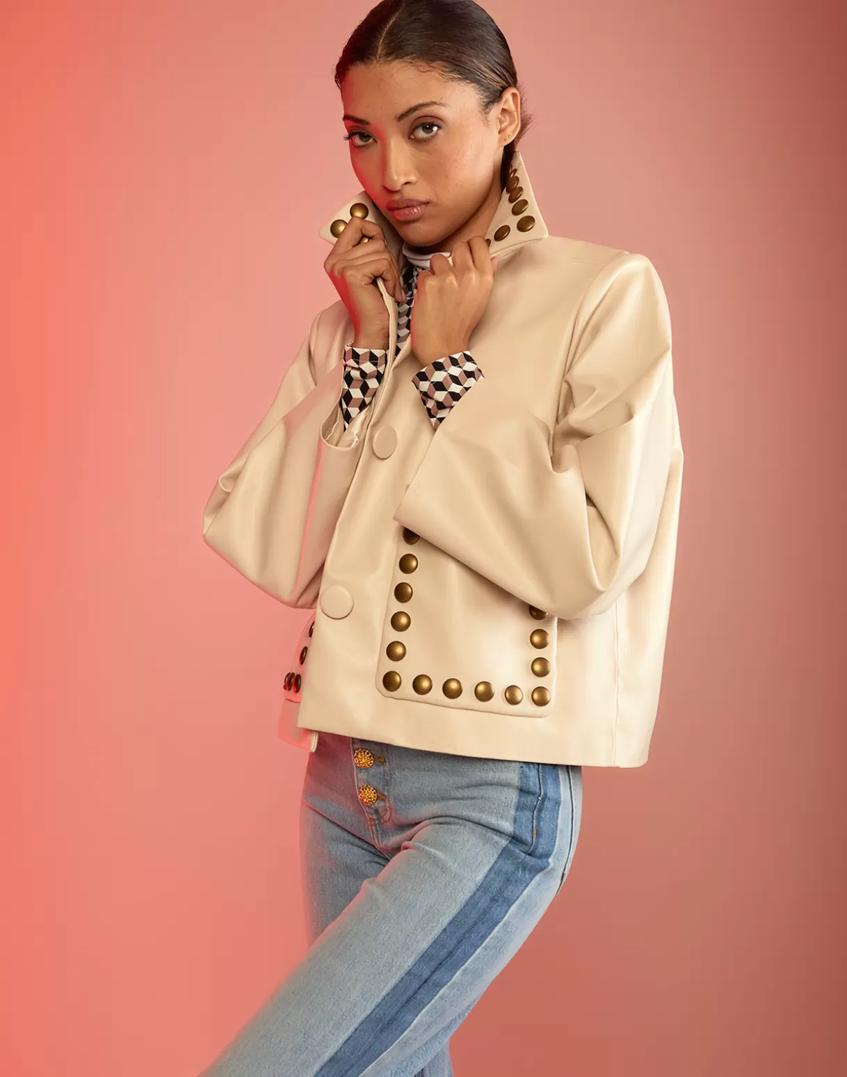 Jackets & Coats-Cynthia Rowley Studded Vegan Leather Jacket CREAM