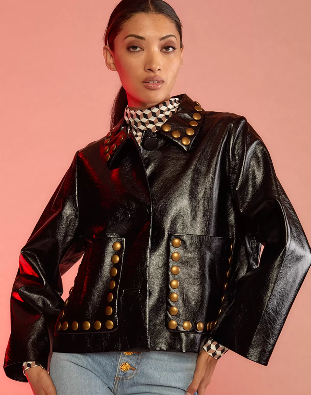 Jackets & Coats-Cynthia Rowley Studded Vegan Leather Jacket BLACK