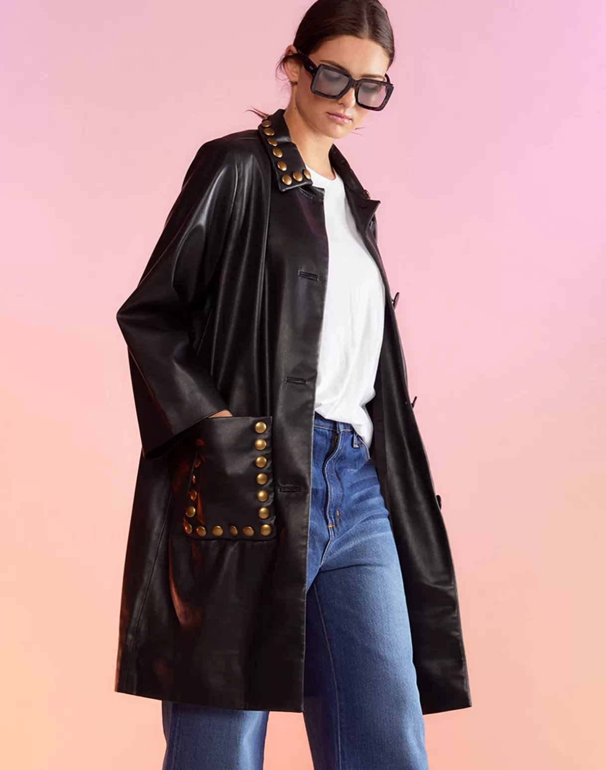 Jackets & Coats-Cynthia Rowley Vegan Studded Leather Coat BLACK