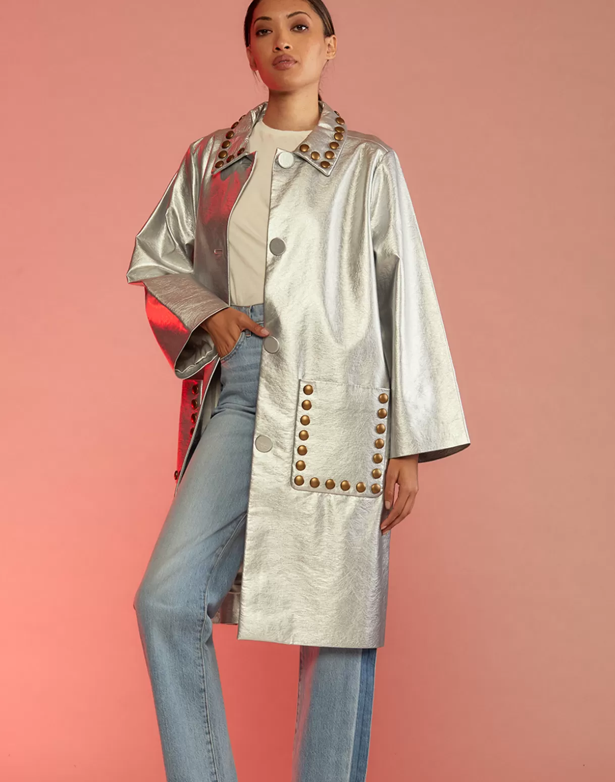 Jackets & Coats-Cynthia Rowley Vegan Studded Leather Coat Silver