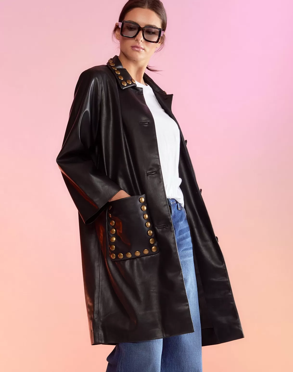 Jackets & Coats-Cynthia Rowley Vegan Studded Leather Coat BLACK