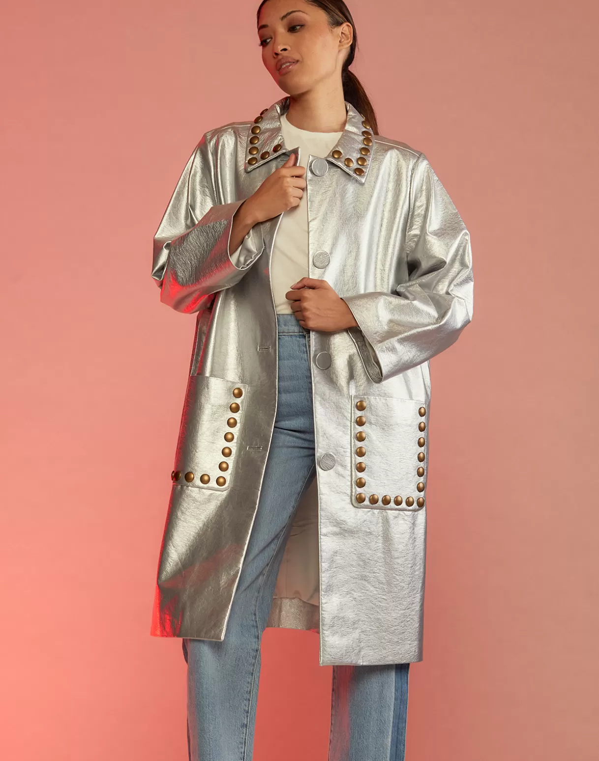 Jackets & Coats-Cynthia Rowley Vegan Studded Leather Coat Silver