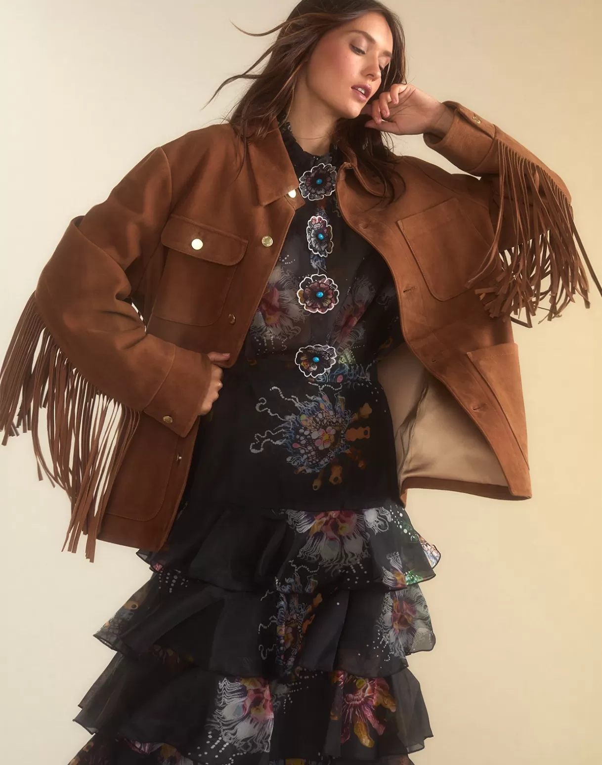 Jackets & Coats | Tops-Cynthia Rowley Westward Fringe Suede Jacket BROWN